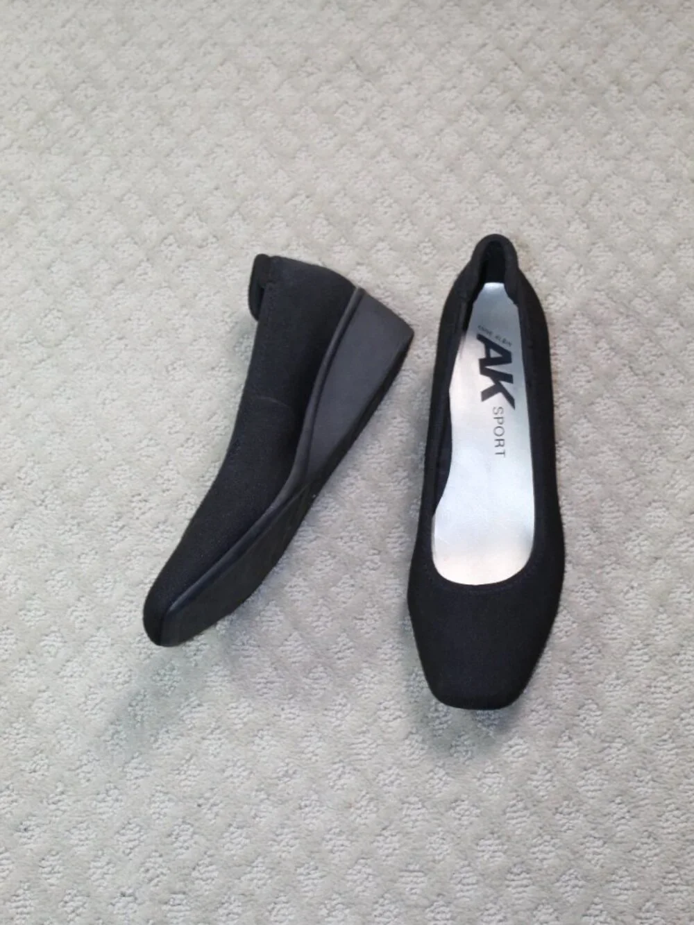 AK Sport Size 9.5 Black Stretch Fabric Square Toe Wedge Heels